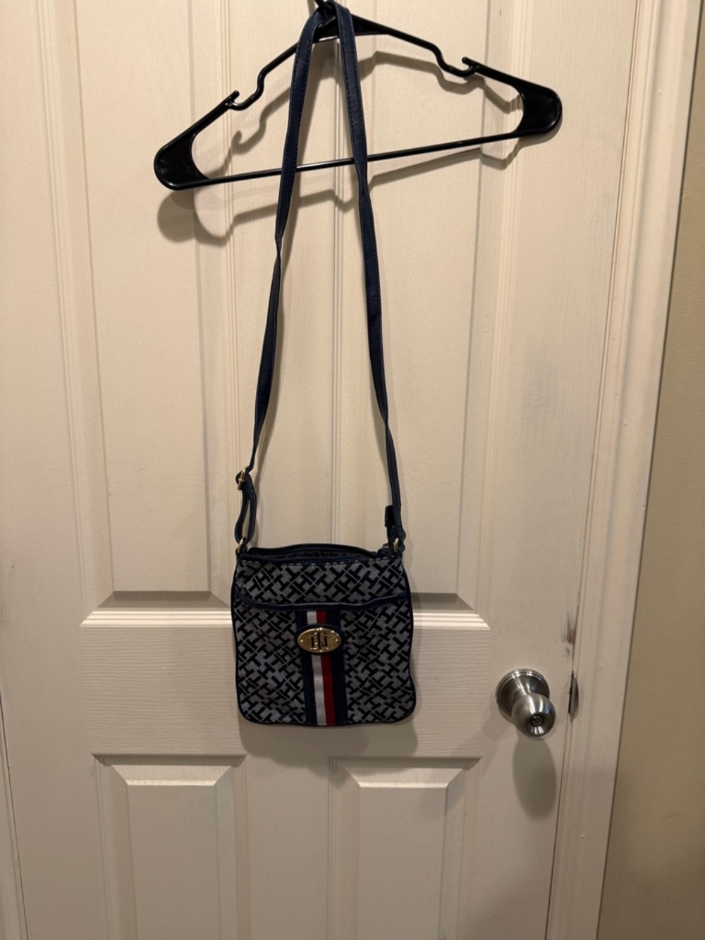 Navy Patterned Crossbody Bag with Red-White Stripe